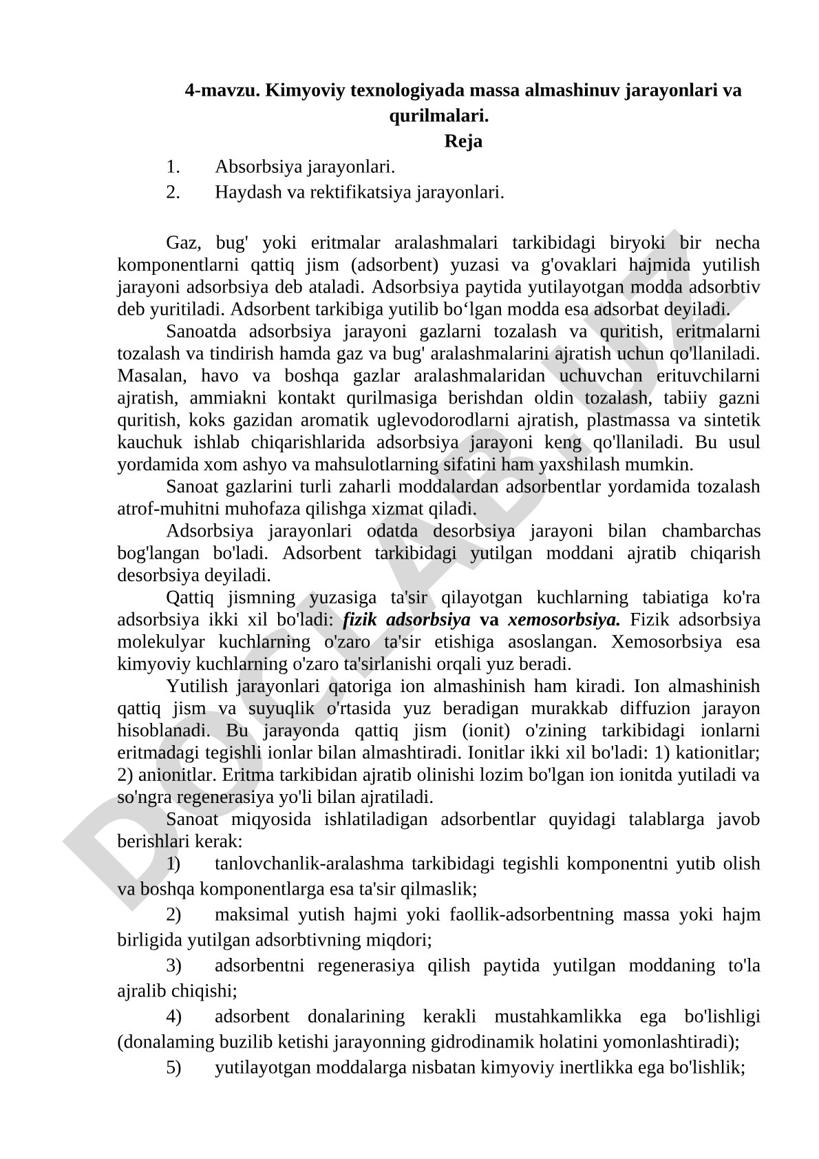 Kimyoviy texnologiyada massa almashinuv jarayonlari va qurilmalari