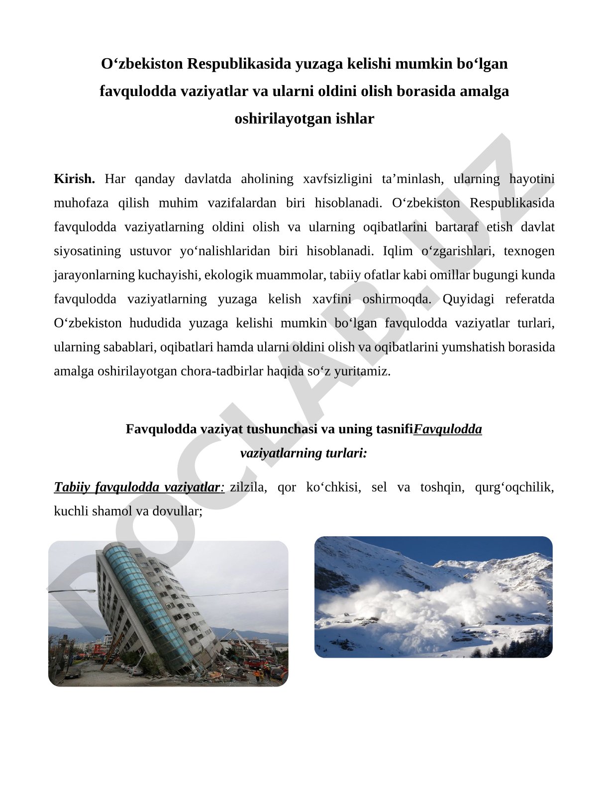 O‘zbekiston Respublikasida favqulodda vaziyatlar va ularni oldini olish