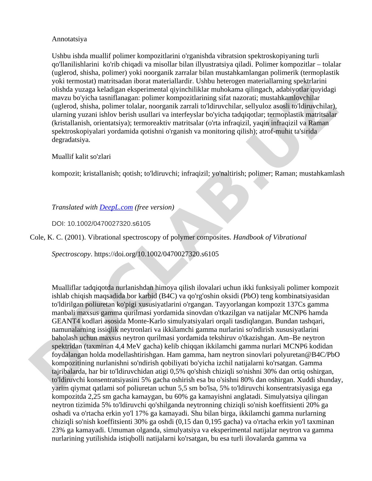 Polimer kompozitlarini o'rganishda vibratsion spektroskopiyaning qo'llanilishi
