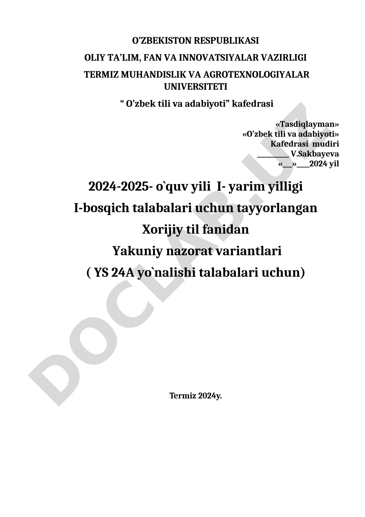 Xorijiy til fanidan Yakuniy nazorat variantlari