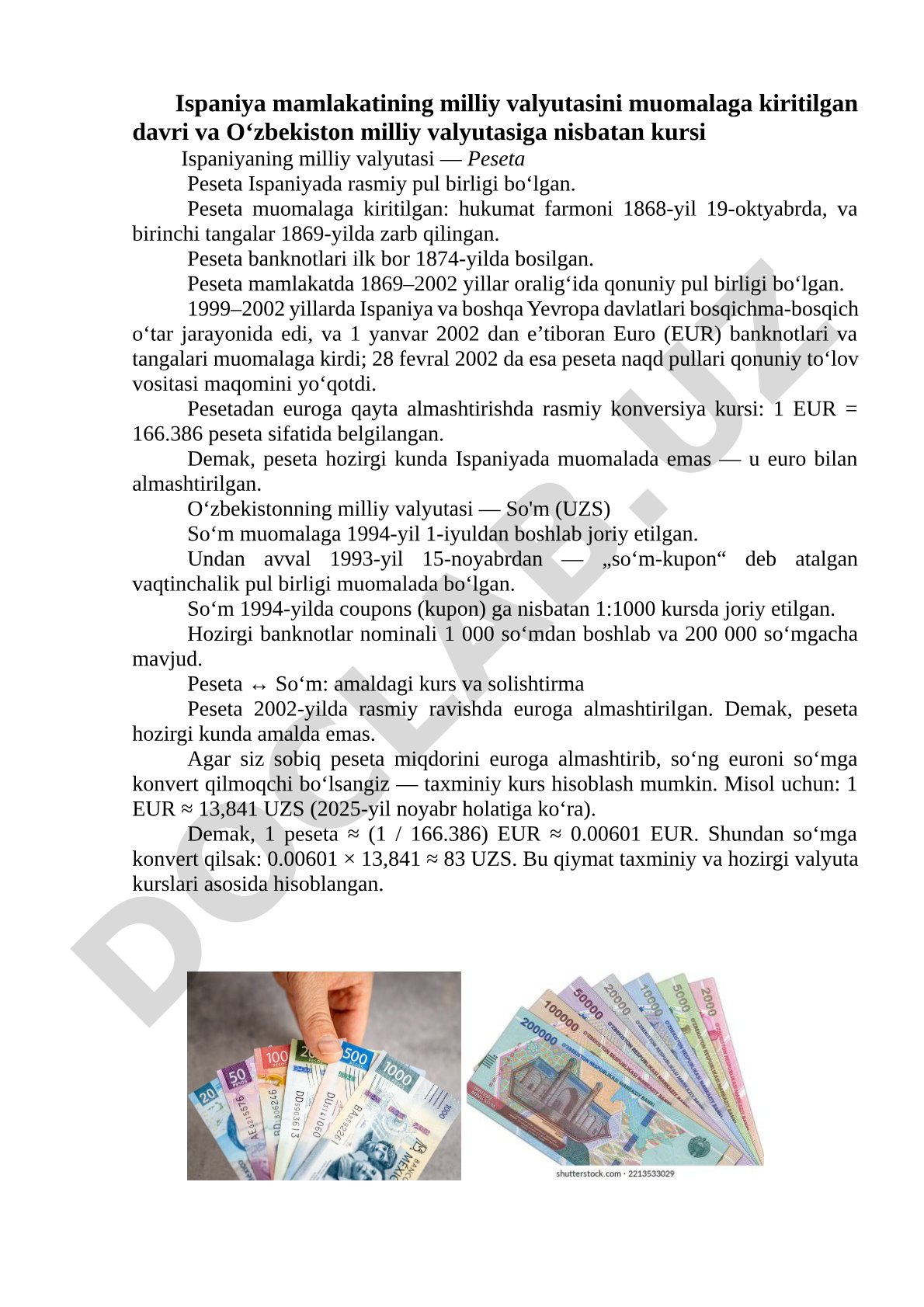 Ispaniya pesetasining muomalaga kiritilishi va O'zbekiston so'miga nisbatan kursi
