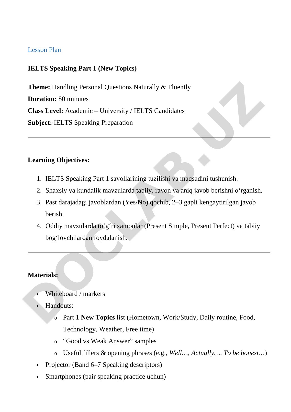 IELTS Speaking Part 1 dars rejasi: shaxsiy savollarga tabiiy javob berish
