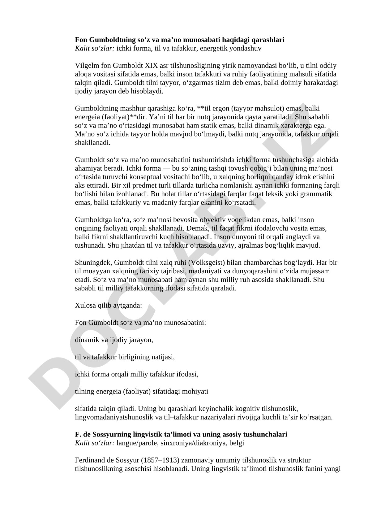 Fon Gumboldtning so‘z va ma’no munosabati haqidagi qarashlari