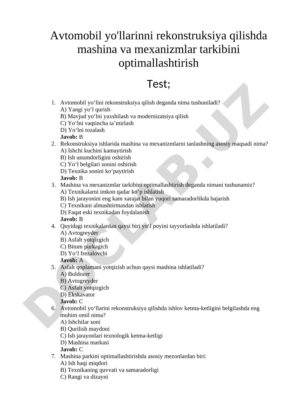 Avtomobil yo'llarini rekonstruksiya qilishda mashina va mexanizmlar tarkibini optimallashtirish test