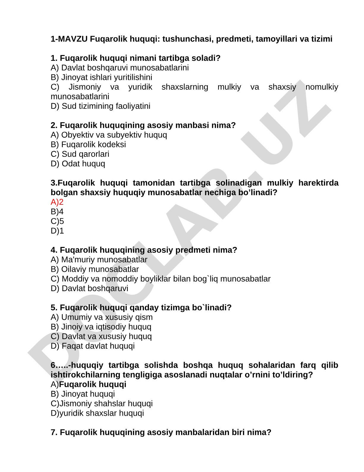 Fuqarolik huquqi: tushunchasi, predmeti, tamoyillari va tizimi
