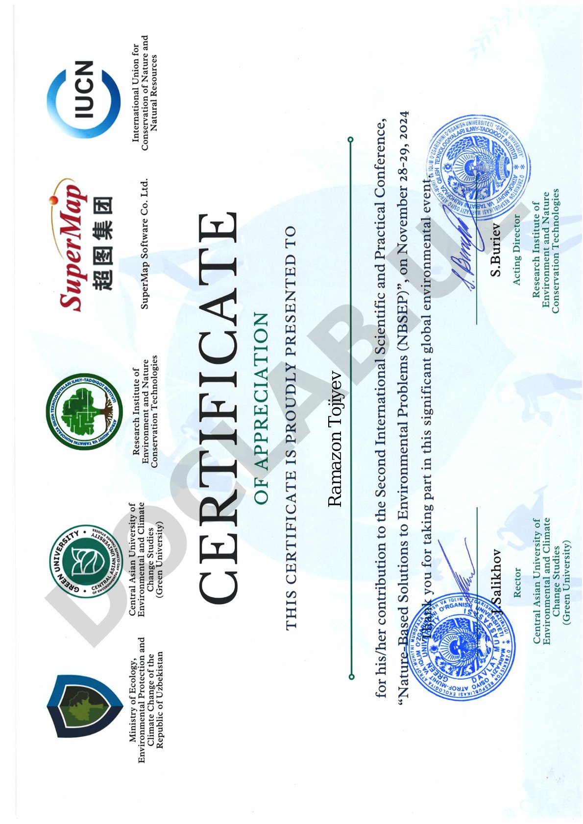 Certificate of Appreciation for Contribution to NBSEP Conference