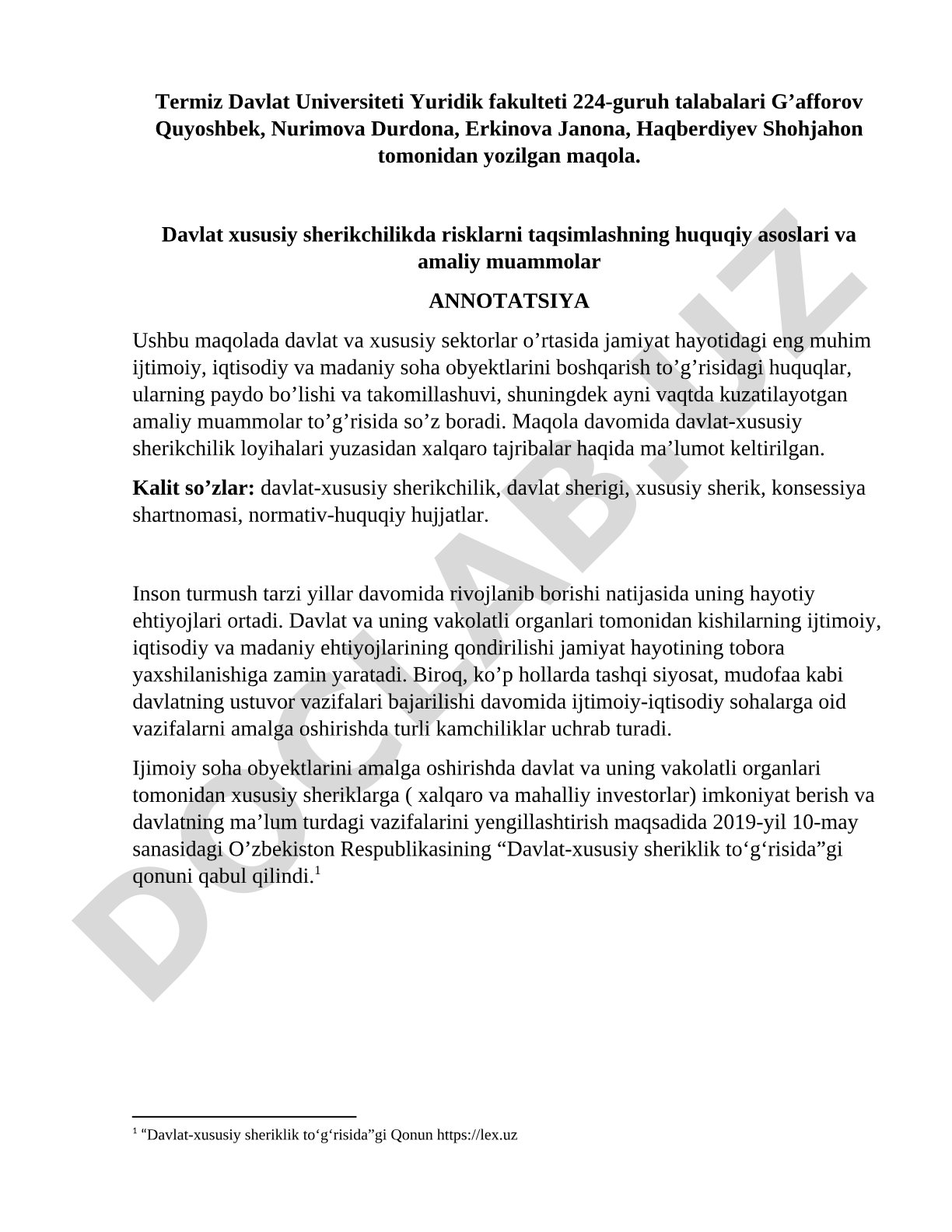 Davlat xususiy sherikchilikda risklarni taqsimlashning huquqiy asoslari va amaliy muammolar