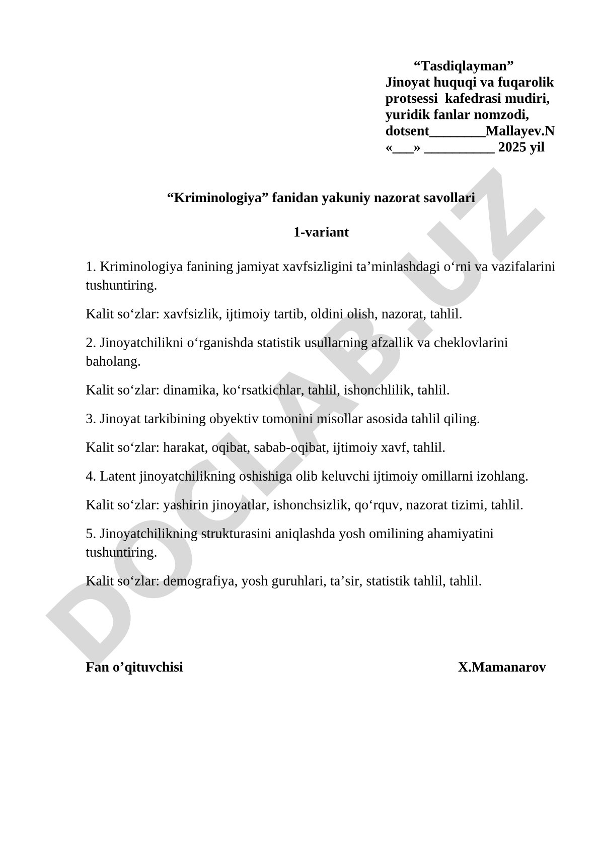 Kriminologiya fanidan yakuniy nazorat savollari