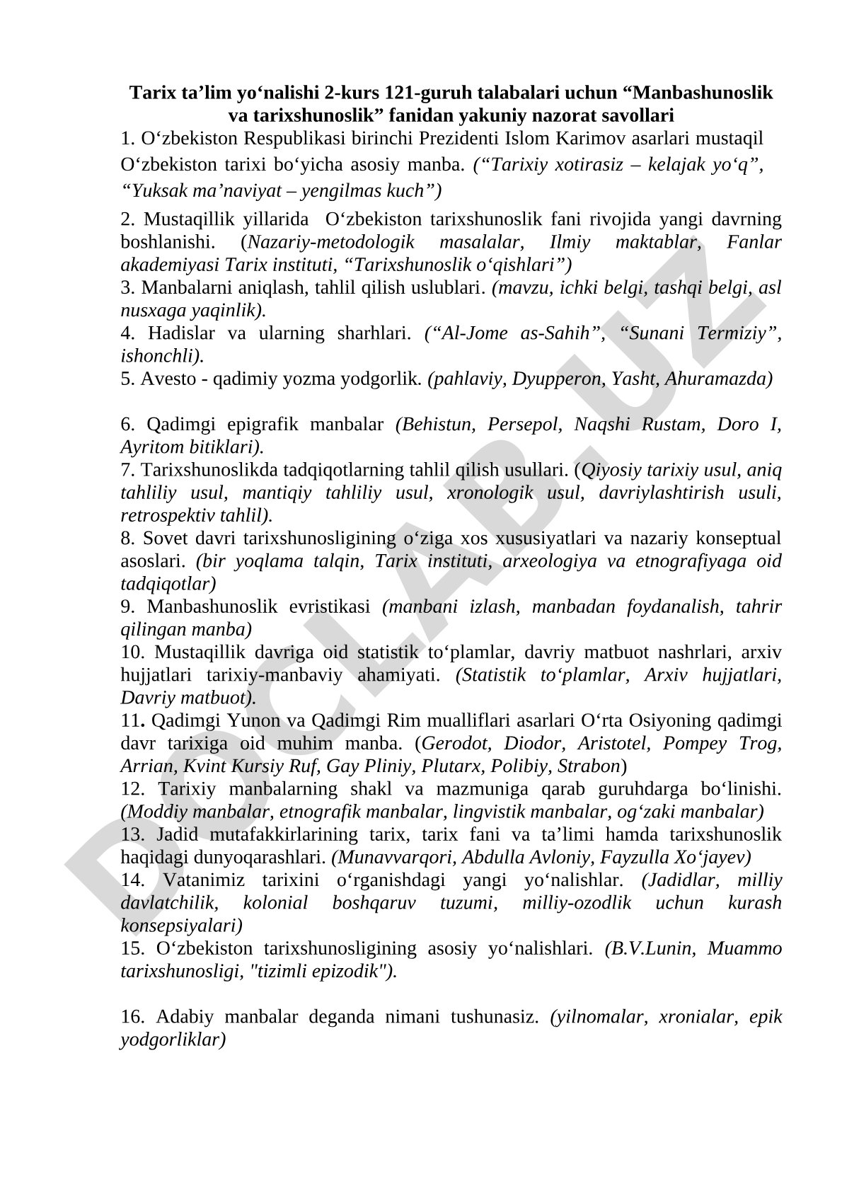 Manbashunoslik va tarixshunoslik fanidan yakuniy nazorat savollari