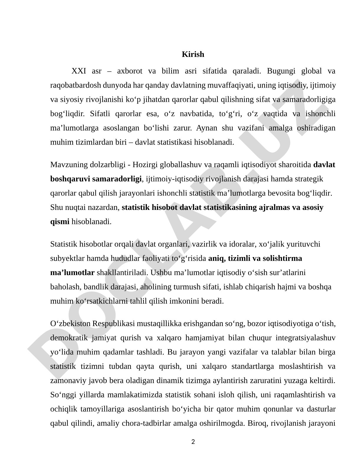 Davlat statistikasining ahamiyati va statistik hisobot