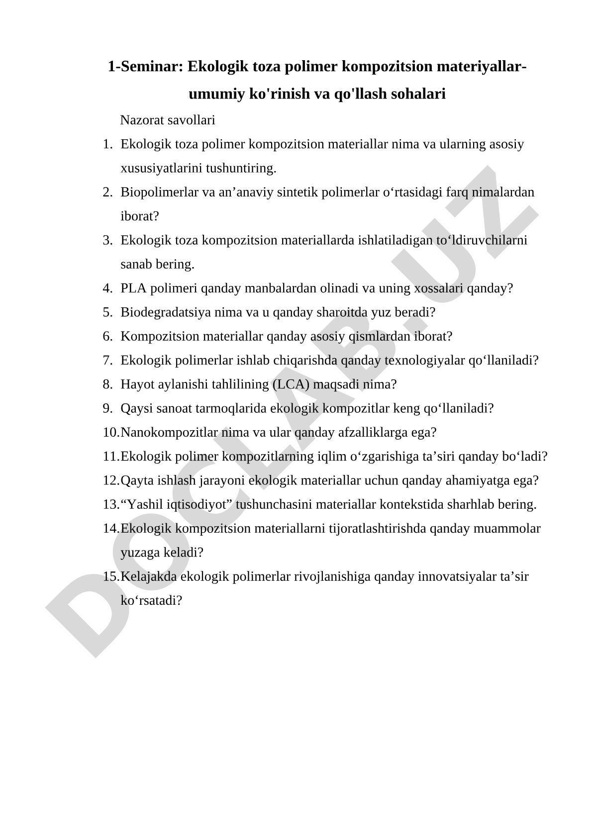 Ekologik toza polimer kompozitsion materiallar umumiy ko'rinish va qo'llash sohalari