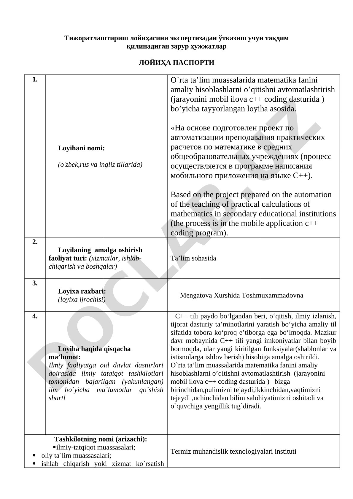 O'rta ta'lim muassalarida matematika fanini amaliy hisoblashlarni o'qitishni avtomatlashtirish