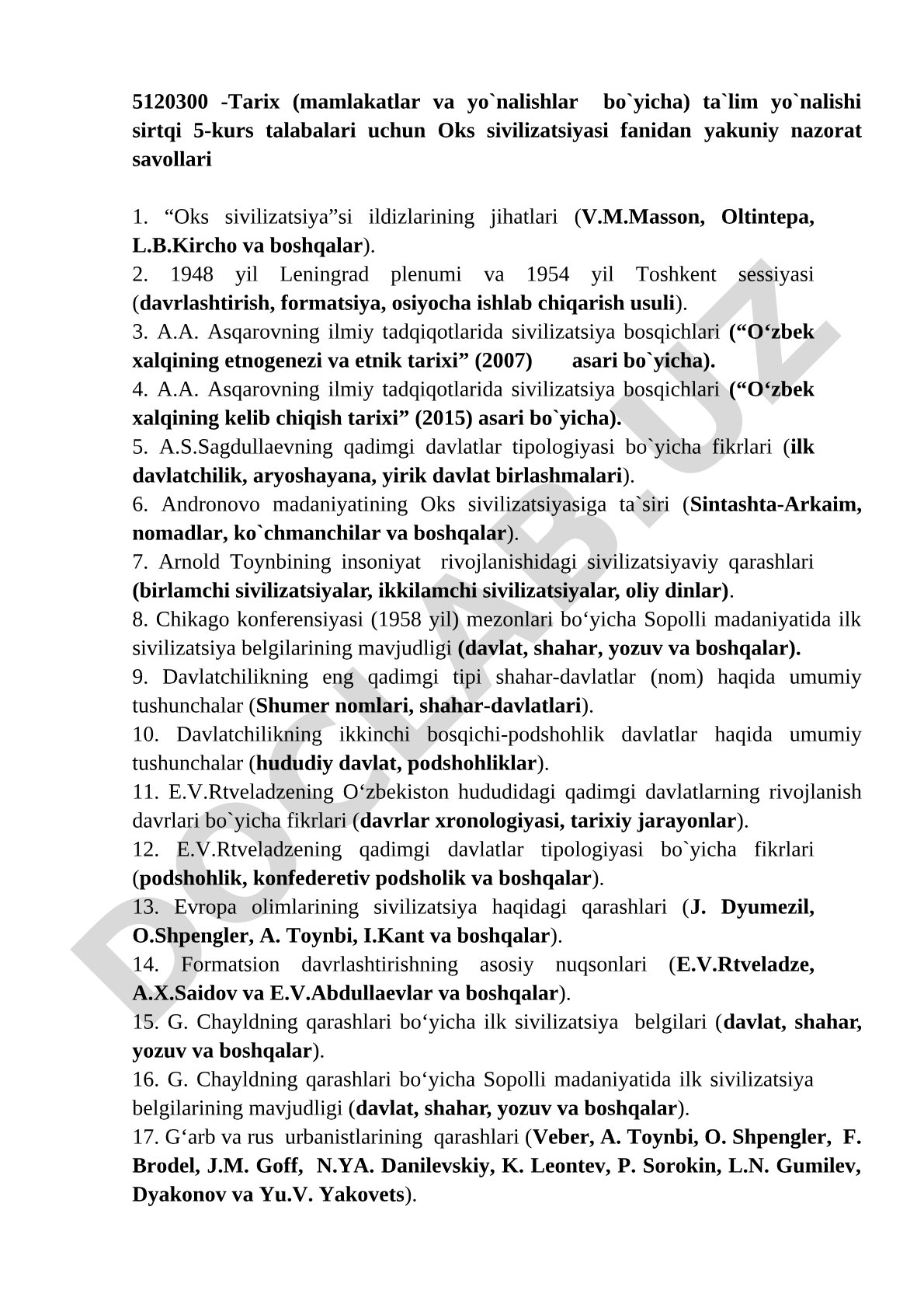 Oks sivilizatsiyasi fanidan yakuniy nazorat savollari