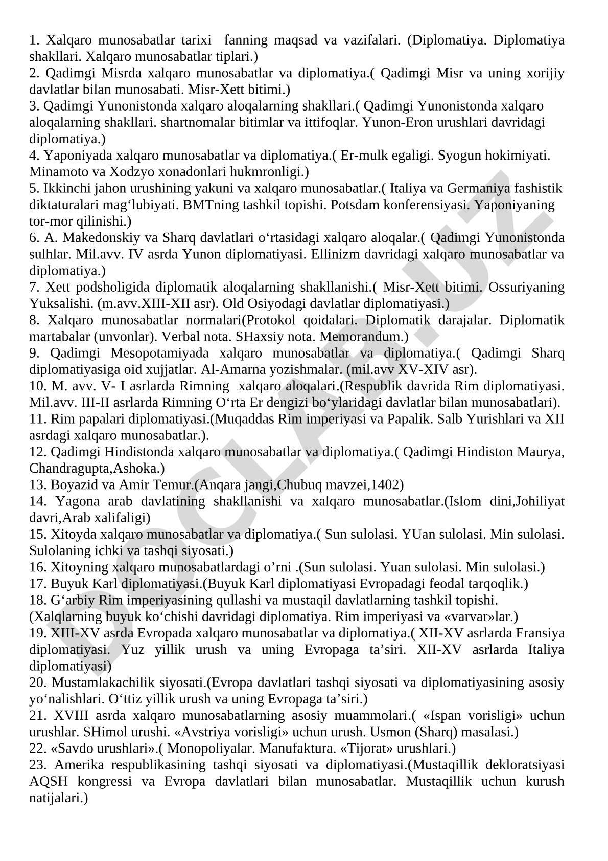 Xalqaro munosabatlar tarixi fanining maqsad va vazifalari