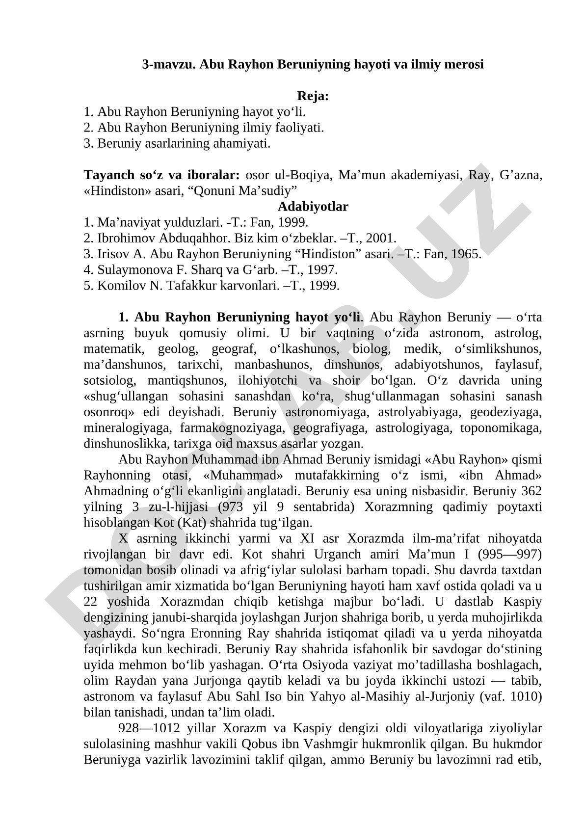 Abu Rayhon Beruniyning hayoti va ilmiy merosi