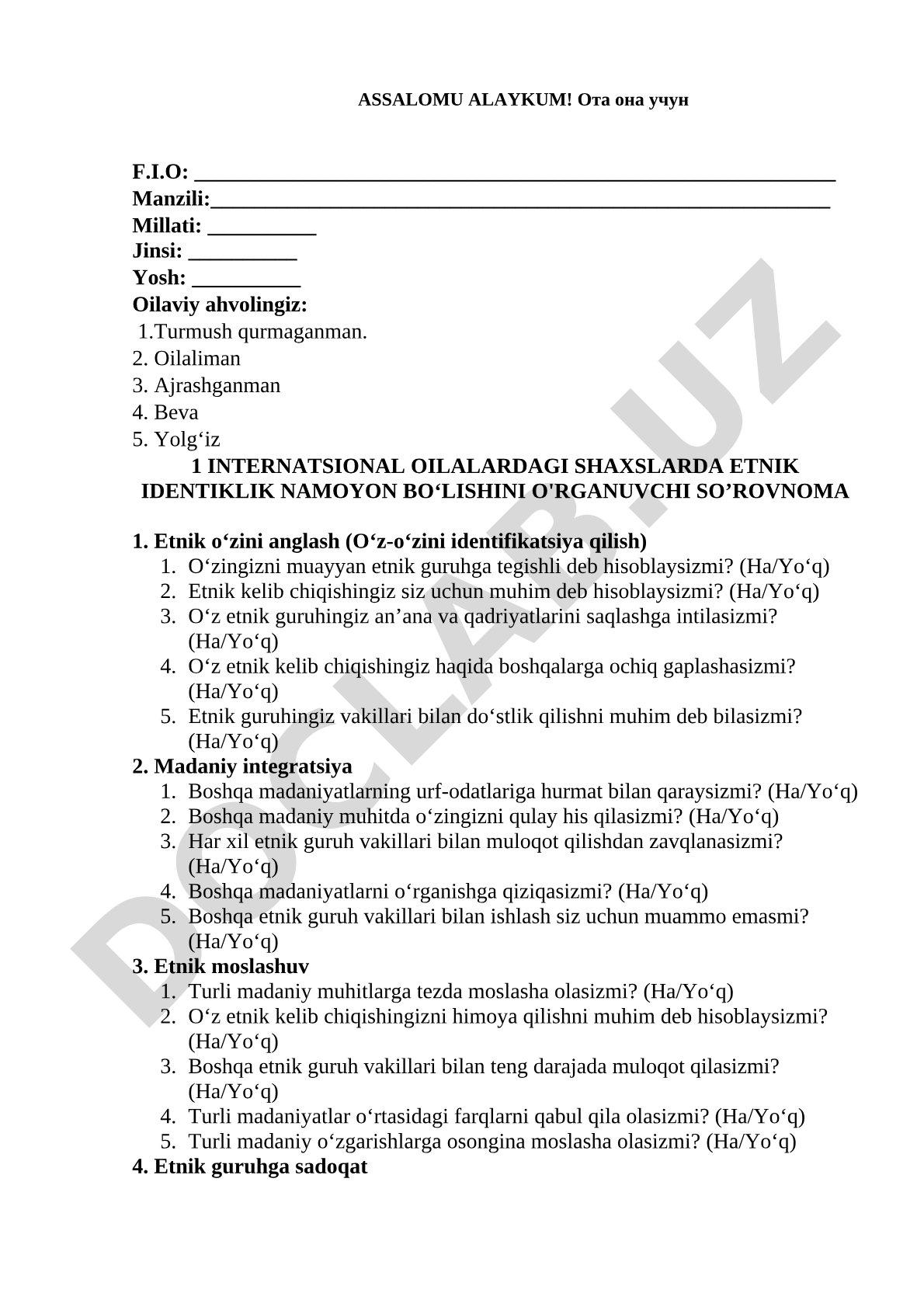 Internatsional oilalardagi shaxslarda etnik identiklik namoyon bo'lishini o'rganuvchi so'rovnoma