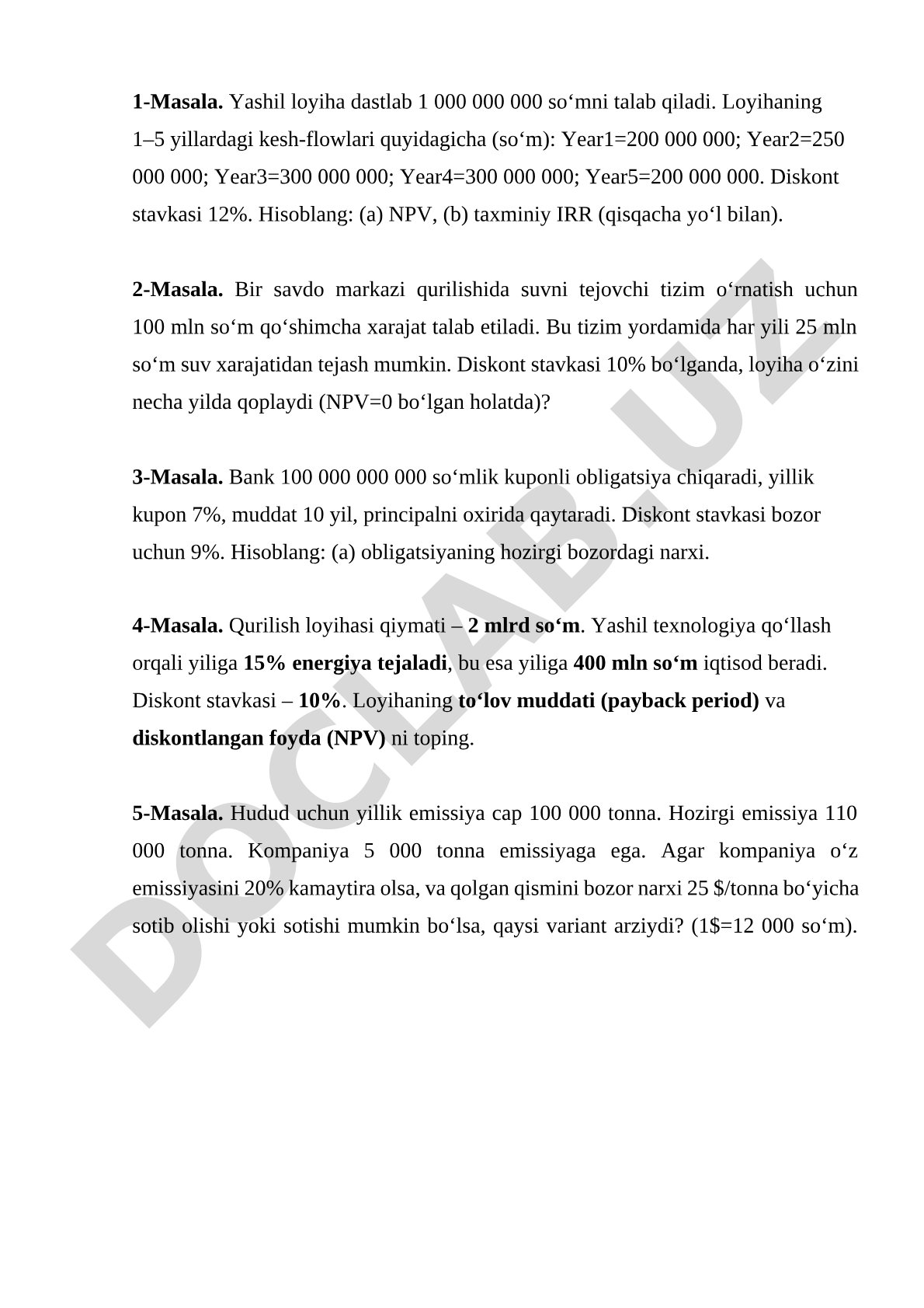 Yashil loyiha va moliyaviy masalalar