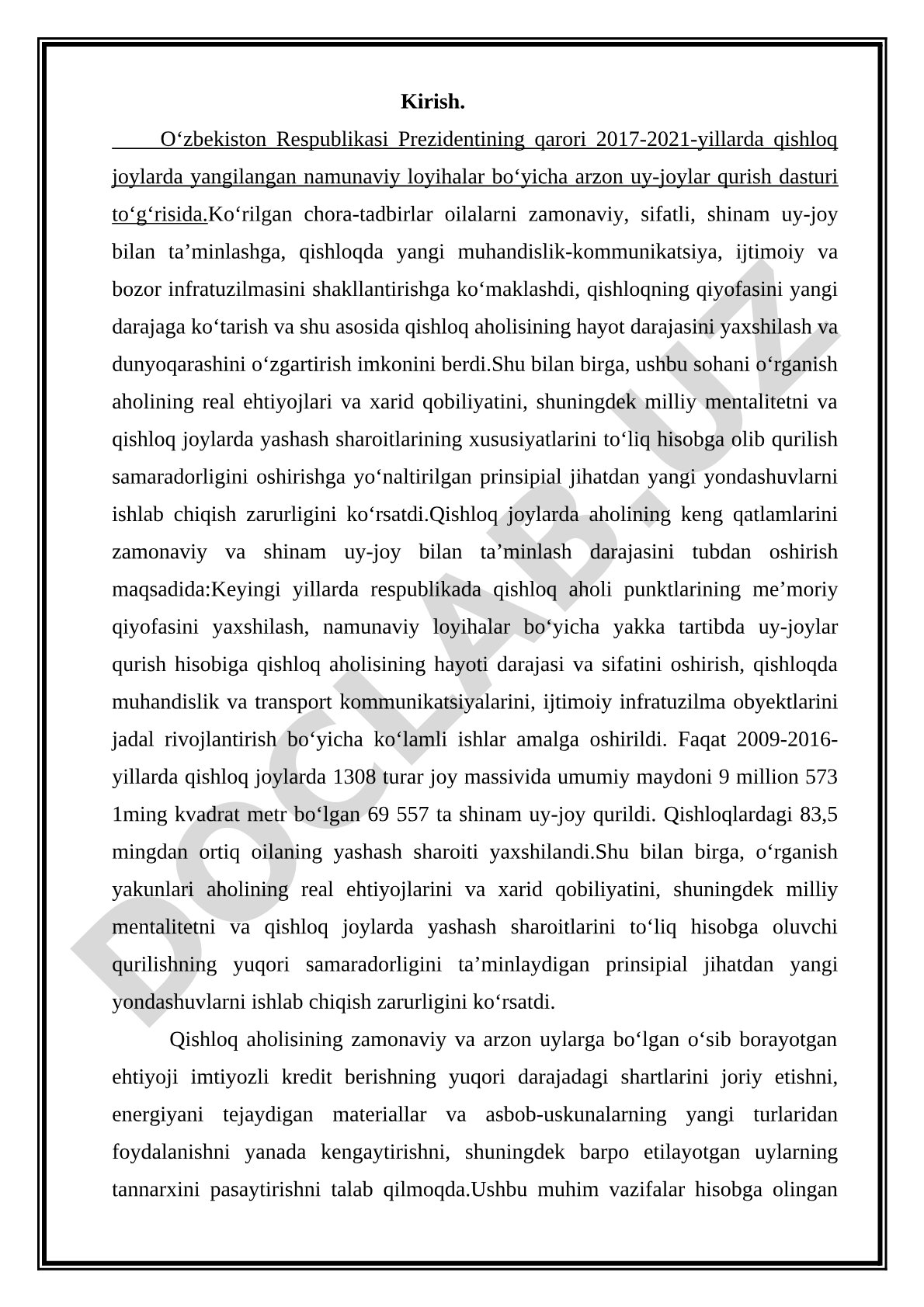 Qishloq joylarda arzon uy-joylar qurish dasturi to'g'risida