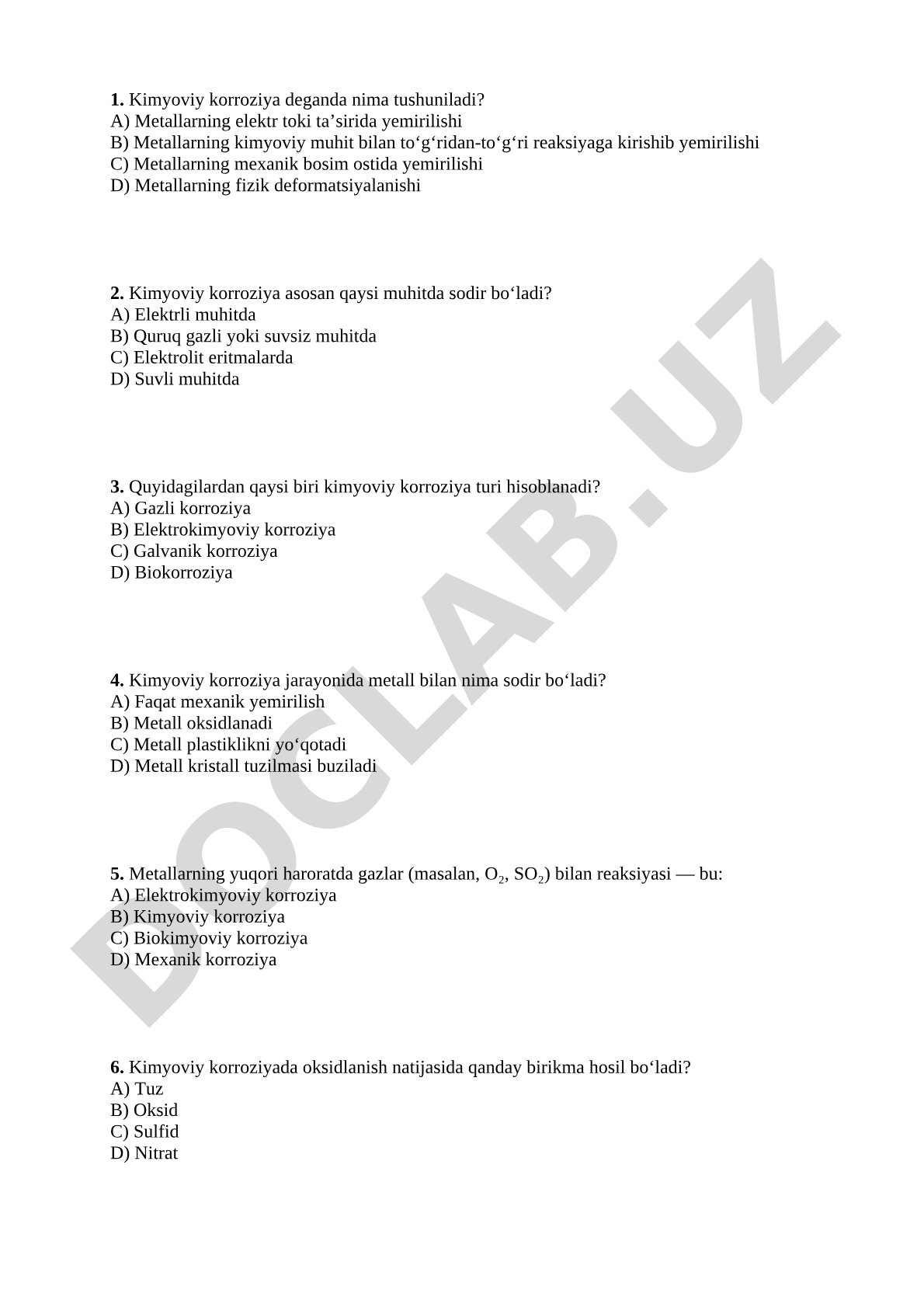 Kimyoviy korroziya haqida test savollari