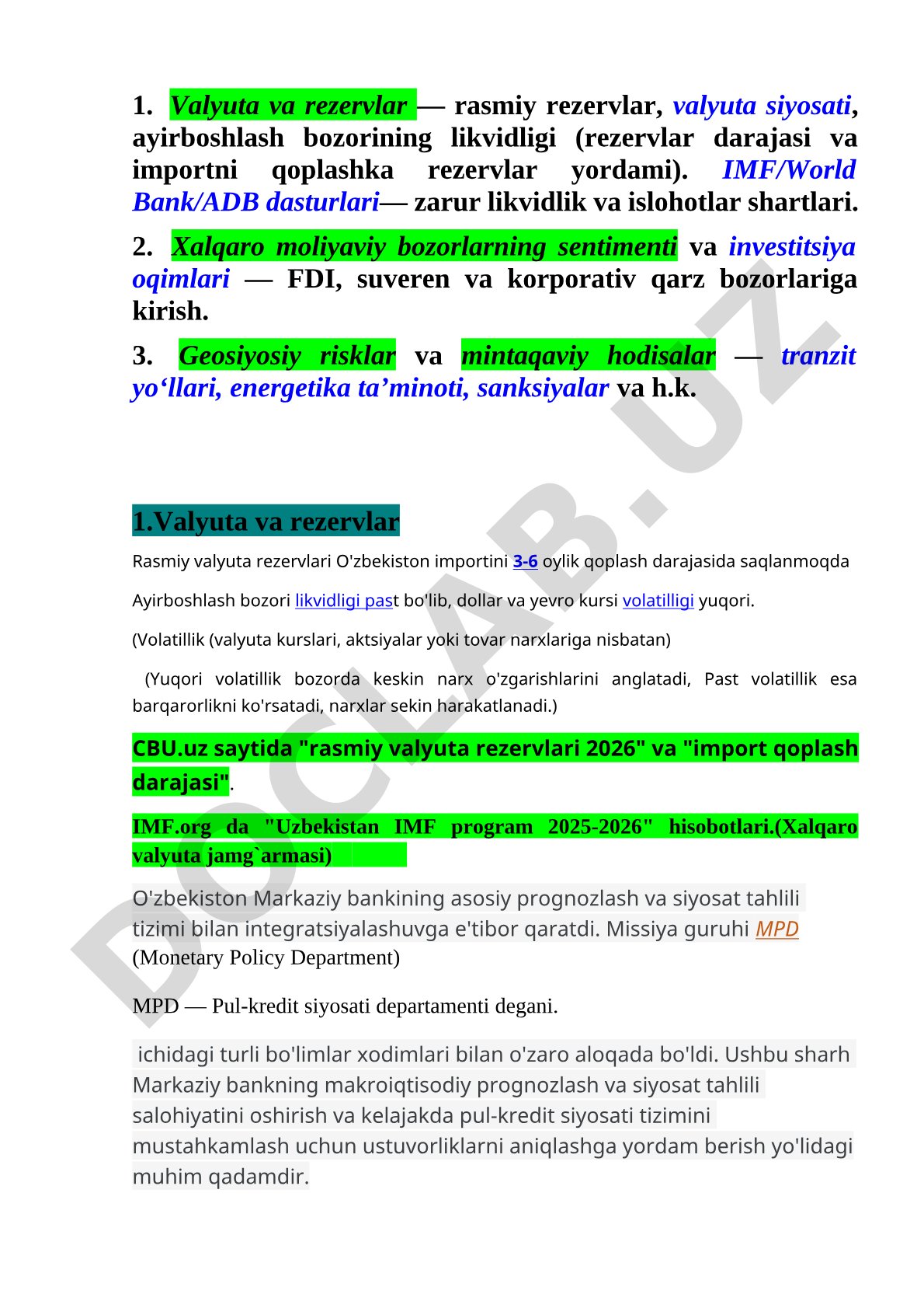 O'zbekiston valyuta va rezervlari tahlili