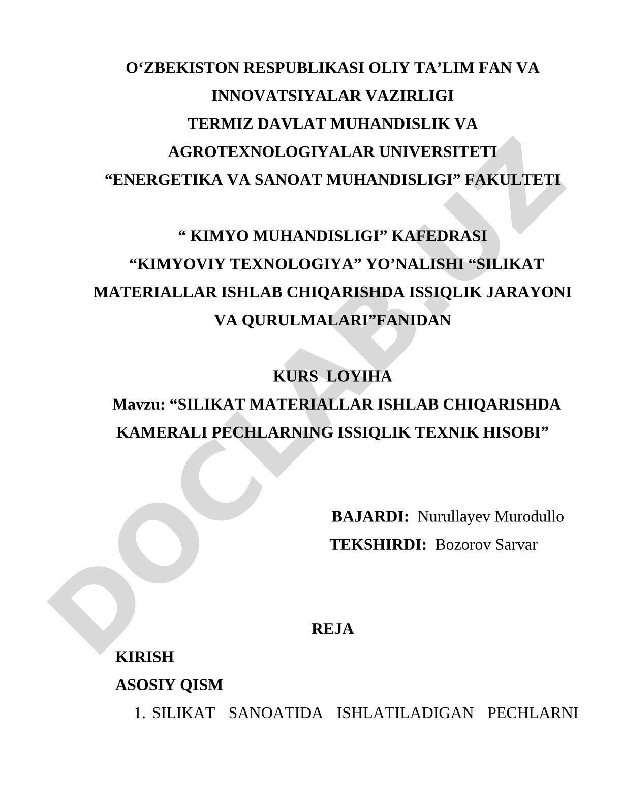 Silikat materiallar ishlab chiqarishda kamerali pechlarning issiqlik texnik hisobi