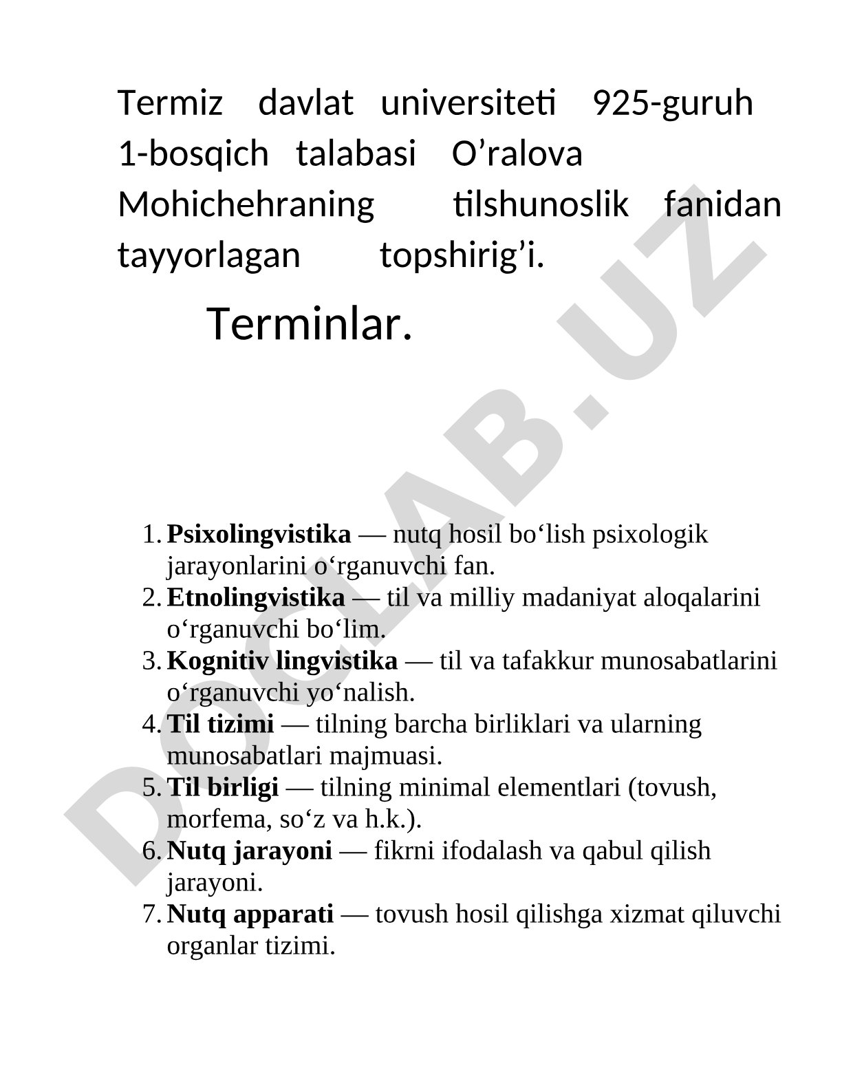 Tilshunoslik terminlari: Psixolingvistika, Etnolingvistika, Kognitiv lingvistika