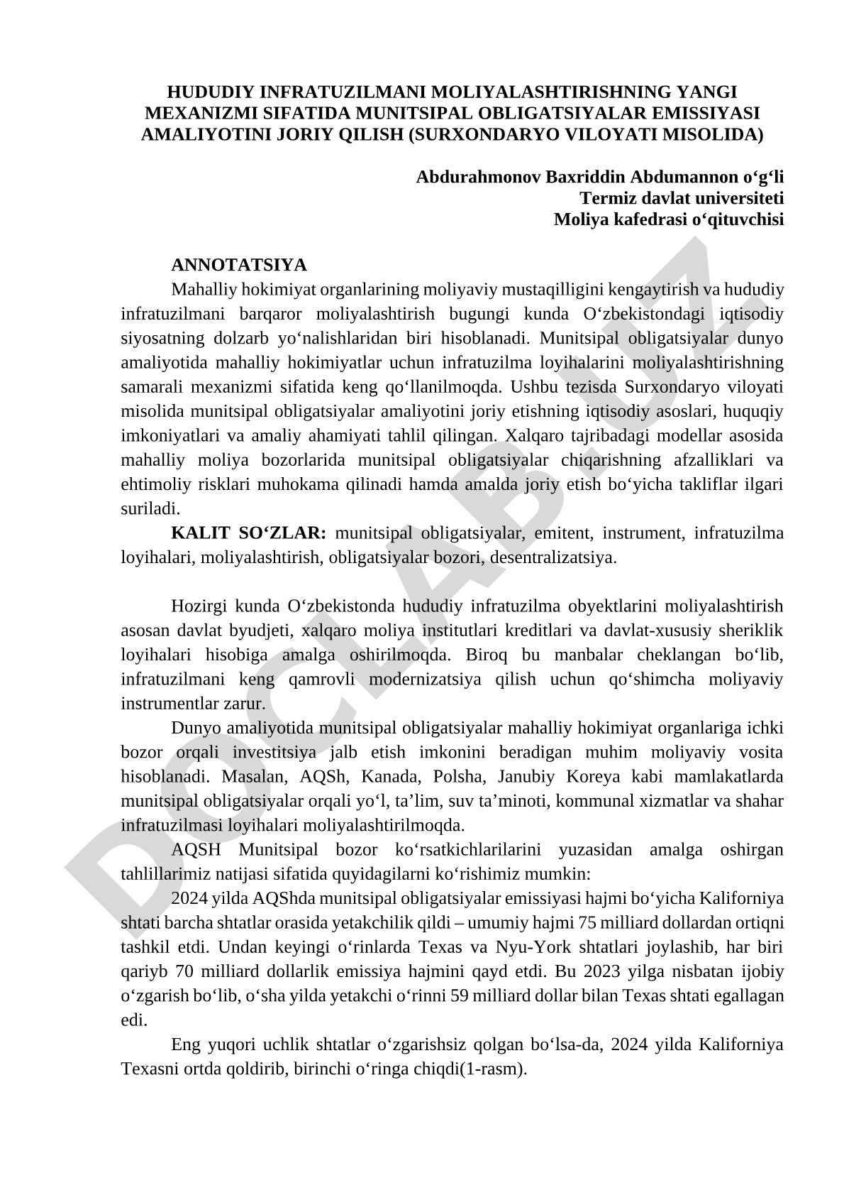 Hududiy infratuzilmani moliyalashtirishning yangi mexanizmi sifatida munitsipal obligatsiyalar emissiyasi amaliyotini joriy qilish (Surxondaryo viloyati misolida)