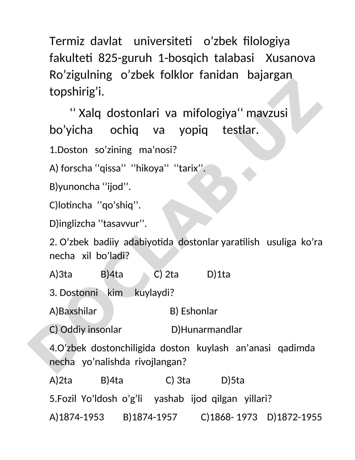 Xalq dostonlari va mifologiya mavzusidagi testlar