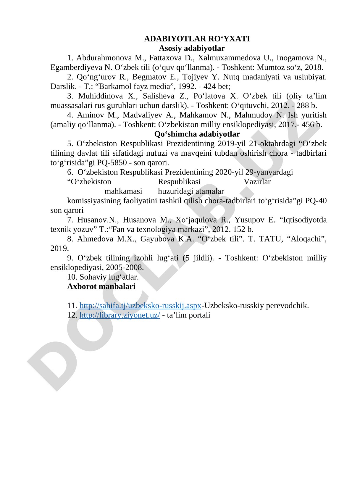 O‘zbek tili adabiyotlar ro‘yxati