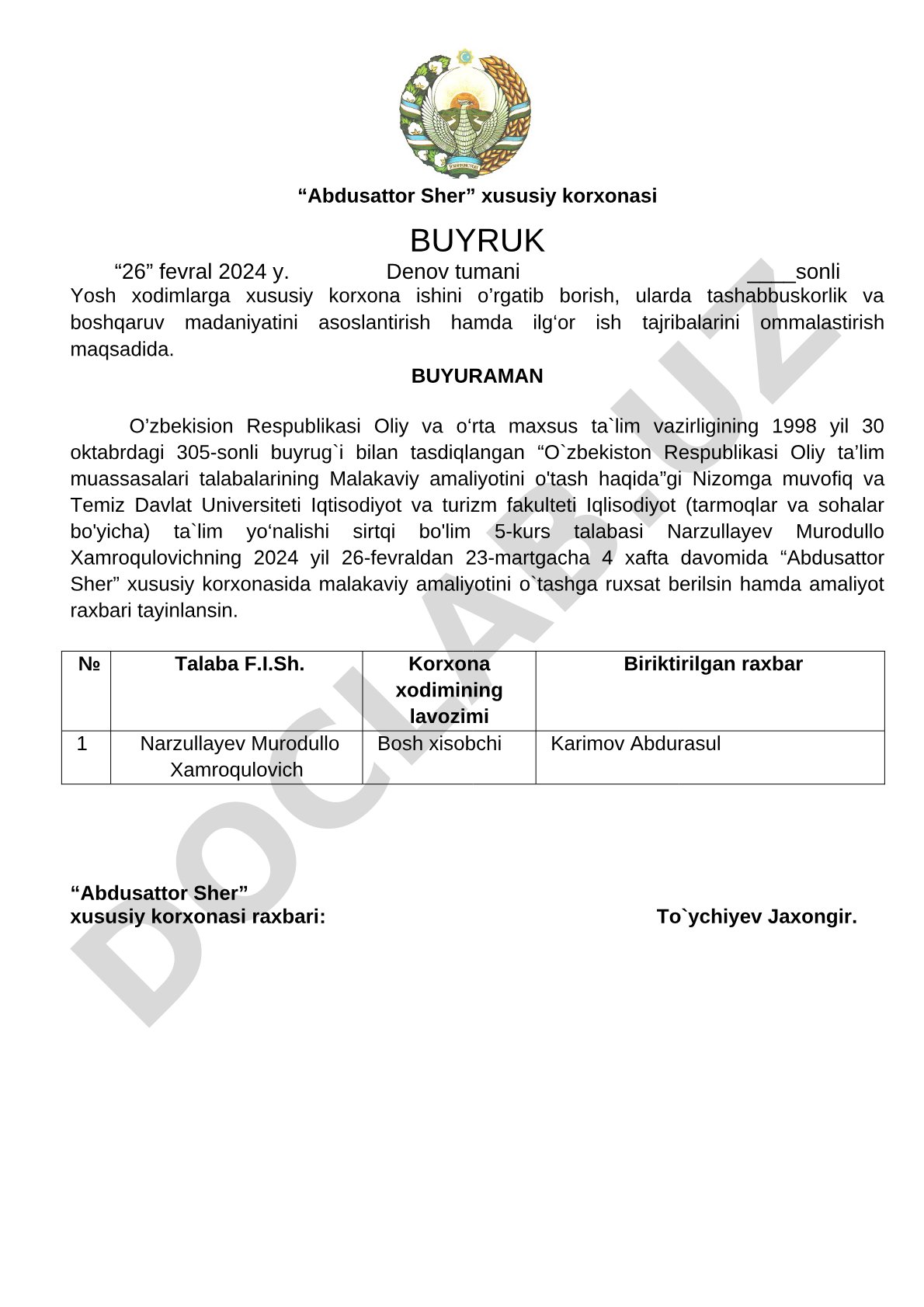 Yosh xodimlarga xususiy korxona ishini o'rgatish va malakaviy amaliyotni tashkil etish