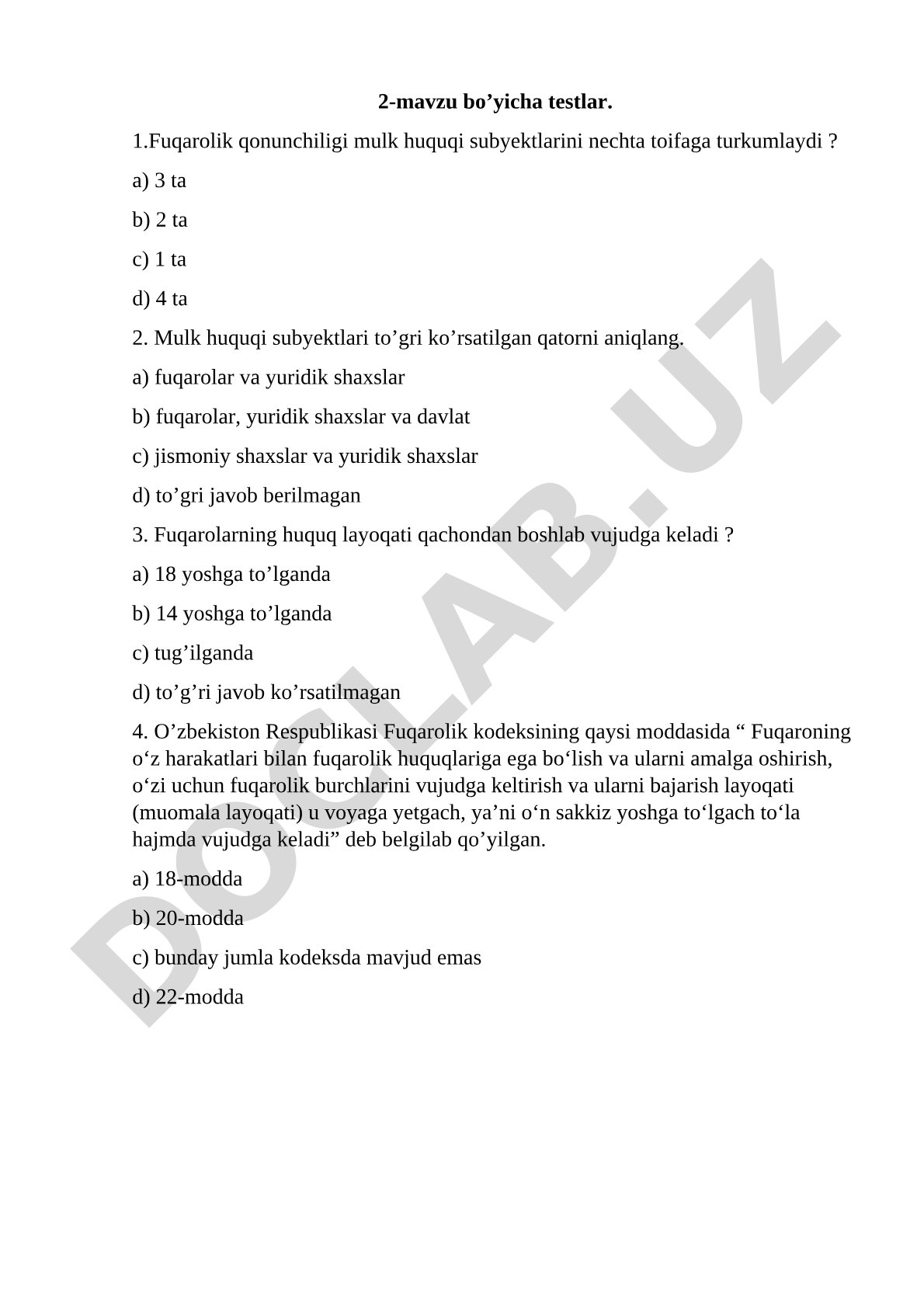 Fuqarolik qonunchiligi mulk huquqi subyektlari testlari