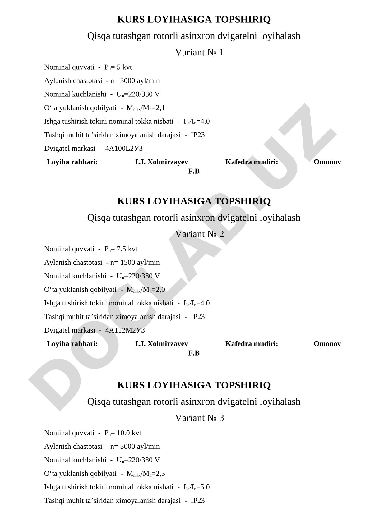 Qisqa tutashgan rotorli asinxron dvigatelni loyihalash