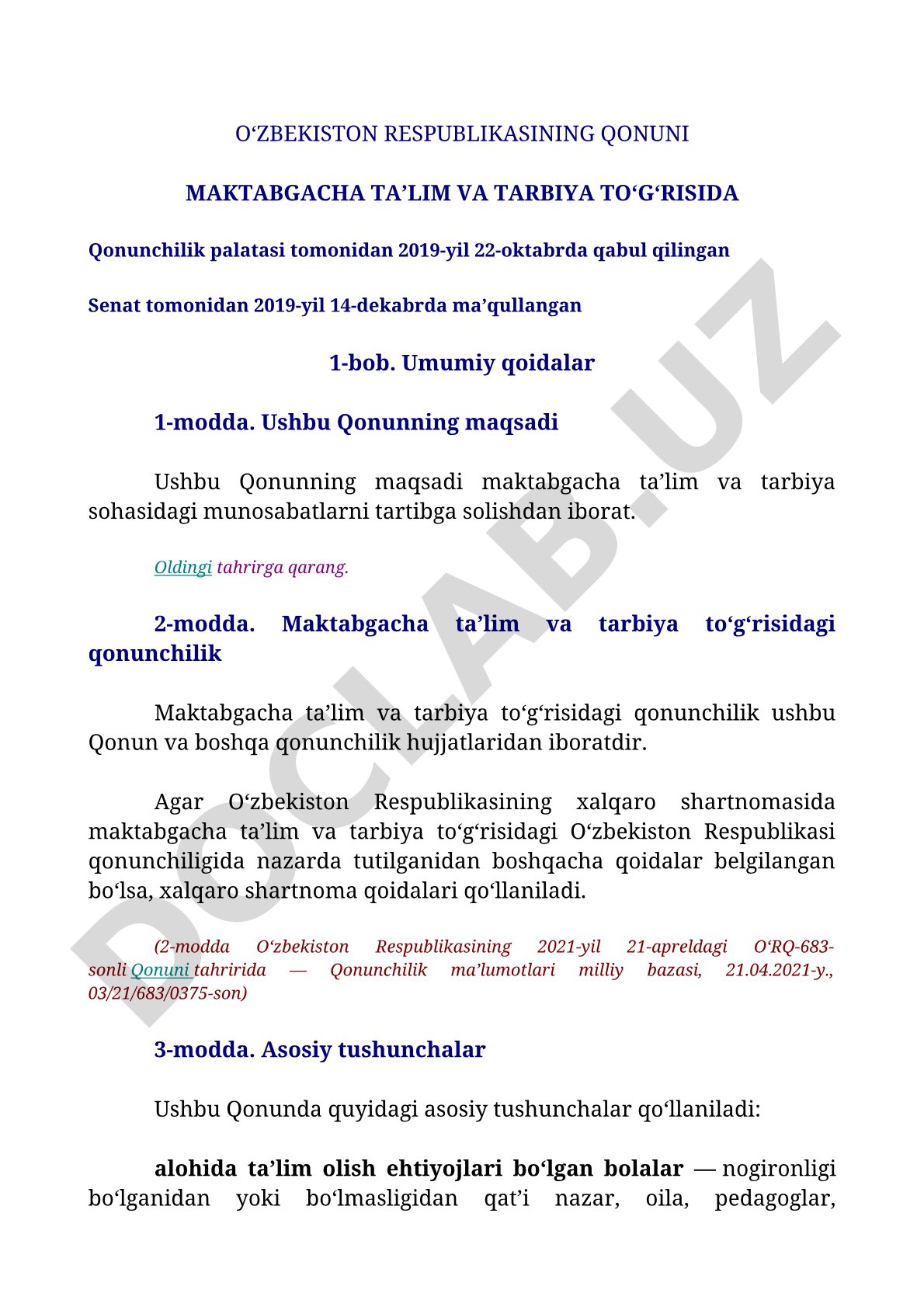 Maktabgacha taʼlim va tarbiya toʻgʻrisida