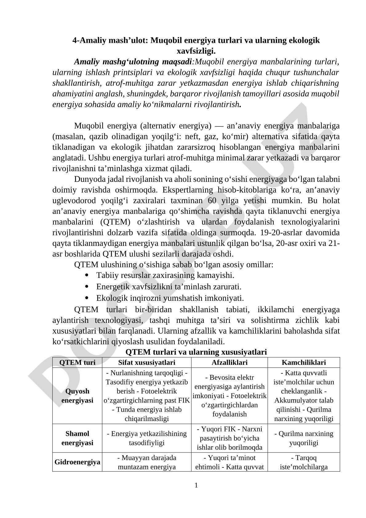 Muqobil energiya turlari va ularning ekologik xavfsizligi