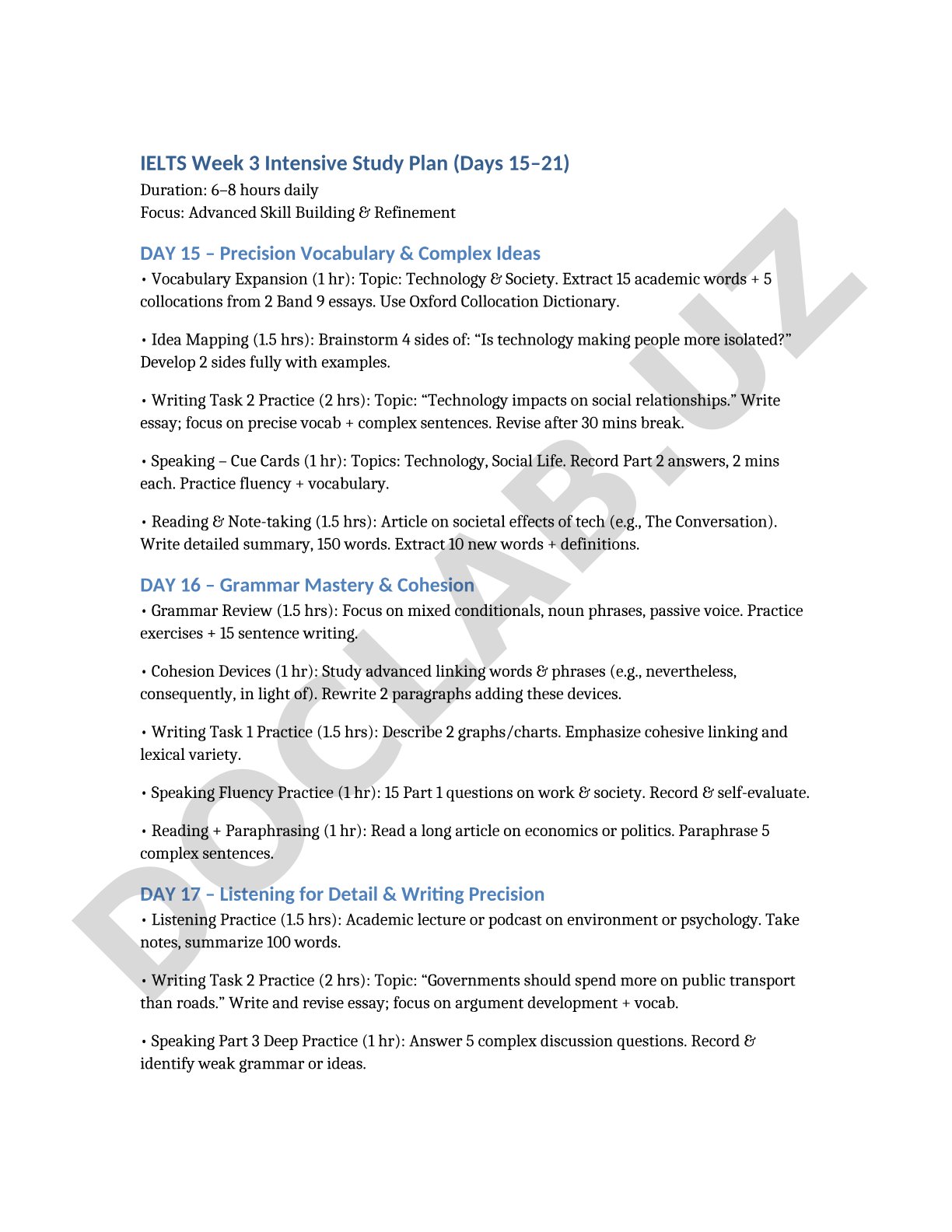 IELTS Week 3 Intensive Study Plan (Days 15–21)