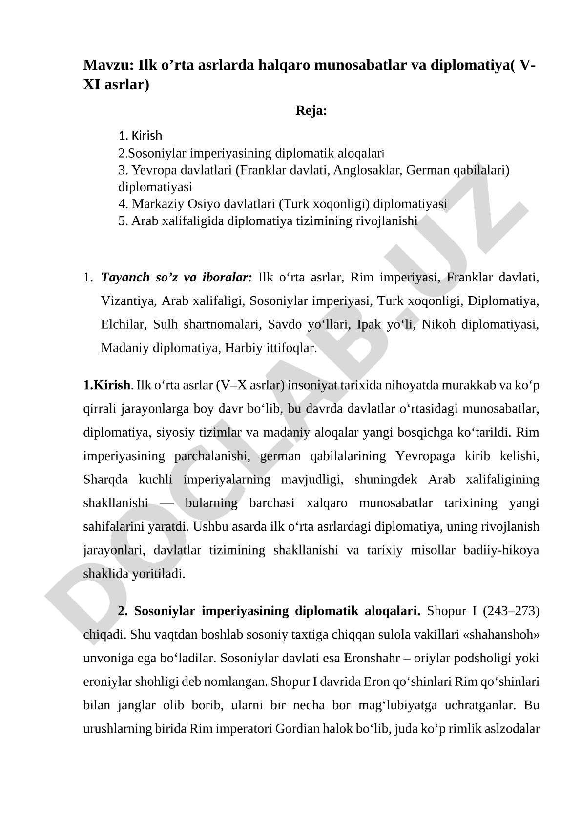 Ilk o'rta asrlarda halqaro munosabatlar va diplomatiya (V-XI asrlar)
