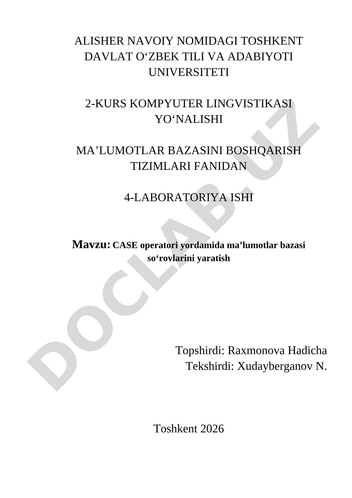 CASE operatori yordamida ma’lumotlar bazasi so‘rovlarini yaratish