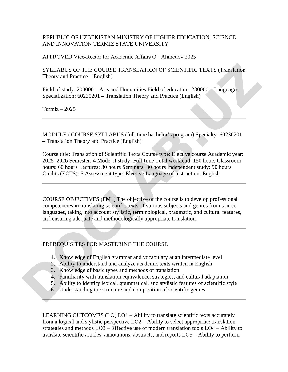 Translation of Scientific Texts Syllabus