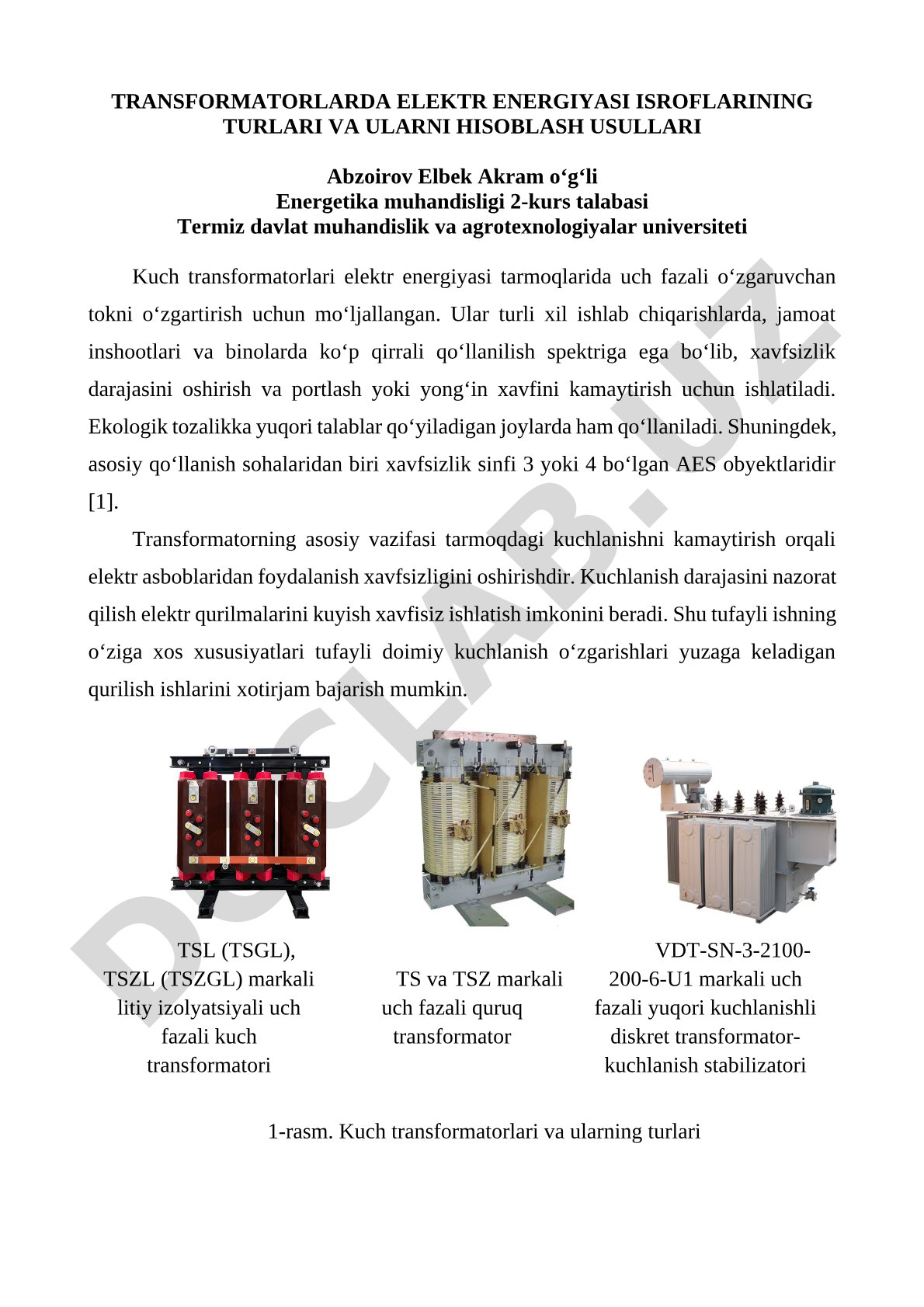 Transformatorlarda elektr energiyasi isroflarining turlari va ularni hisoblash usullari
