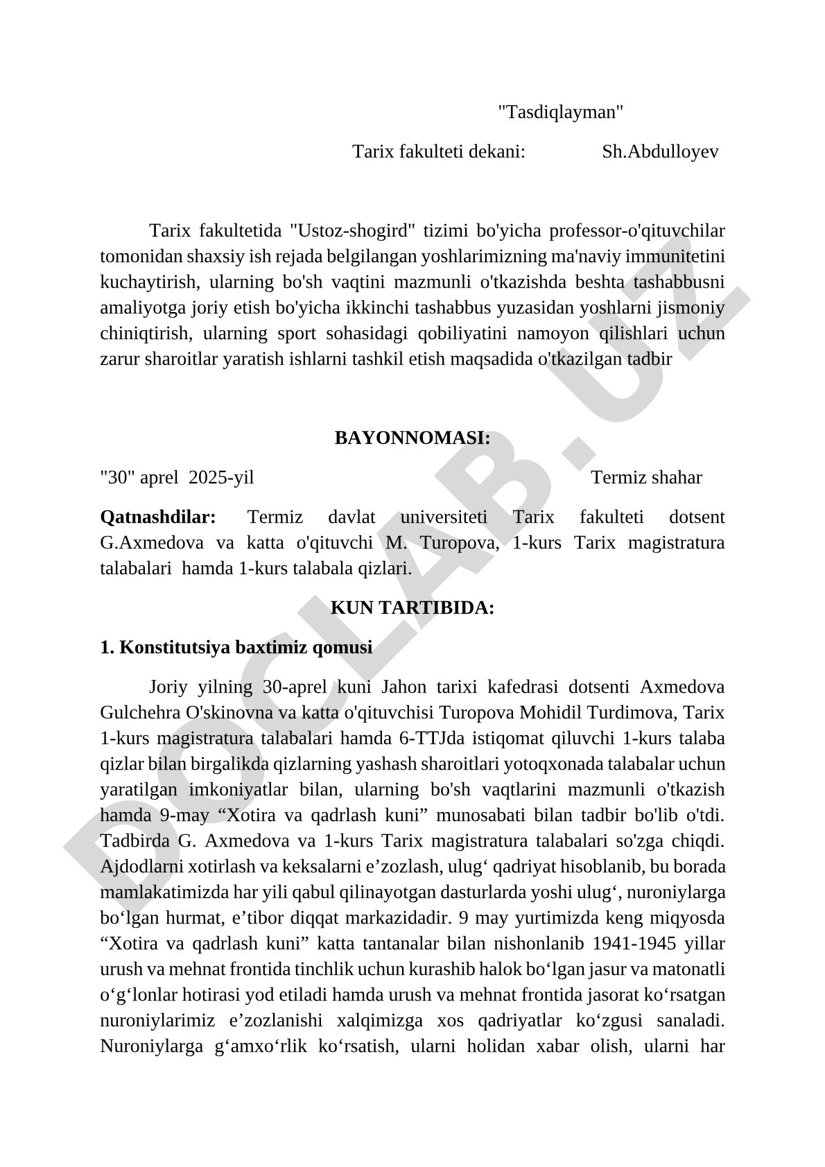 Tarix fakultetida yoshlarning ma'naviy immunitetini kuchaytirish va jismoniy chiniqtirish bo'yicha tadbir bayonnomasi