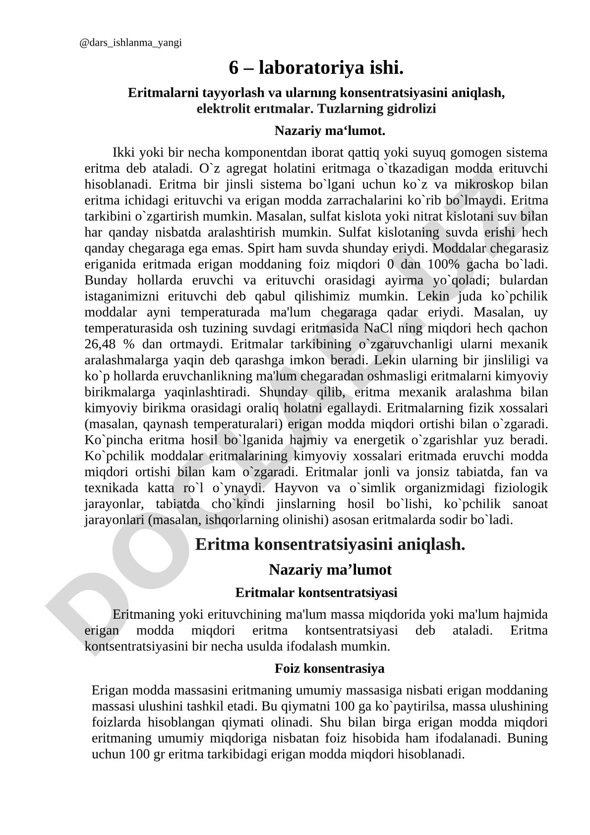Eritmalarni tayyorlash va ularning konsentratsiyasini aniqlash, elektrolit eritmalar. Tuzlarning gidrolizi