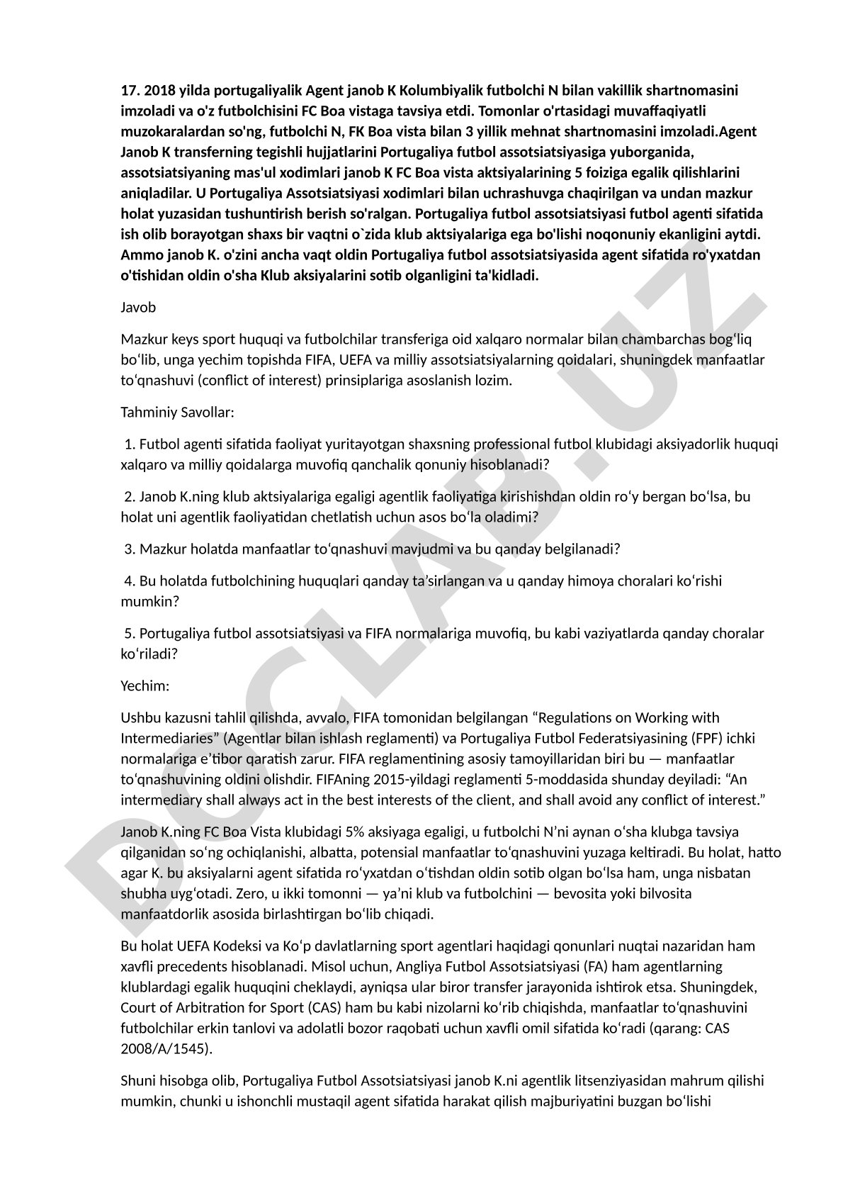 Futbol agentining klub aksiyalariga egalik qilishi va manfaatlar to'qnashuvi