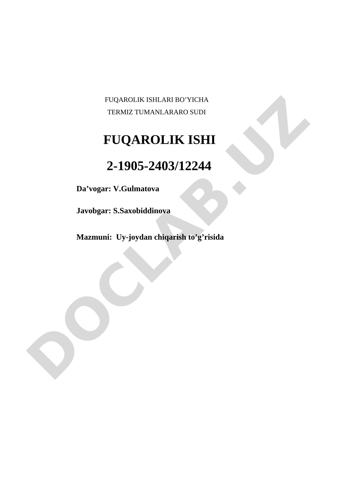 Uy-joydan chiqarish to'g'risida da'vo arizasi