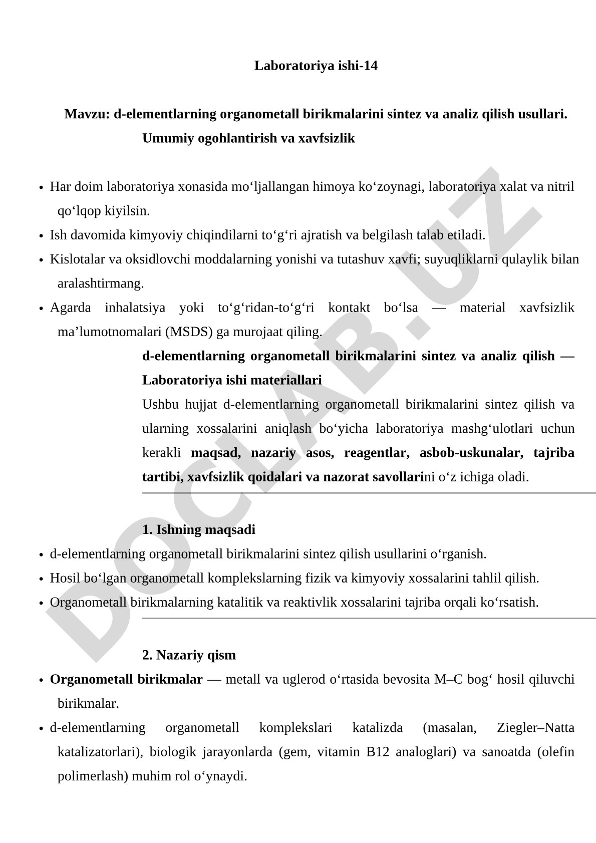 d-elementlarning organometall birikmalarini sintez va analiz qilish usullari