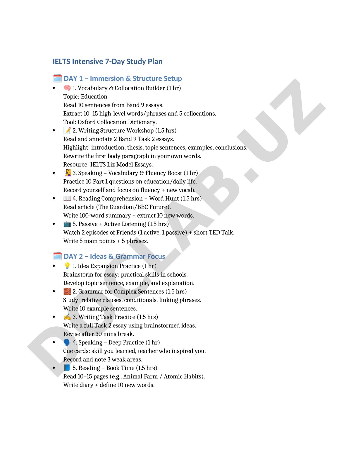 IELTS Intensive 7-Day Study Plan