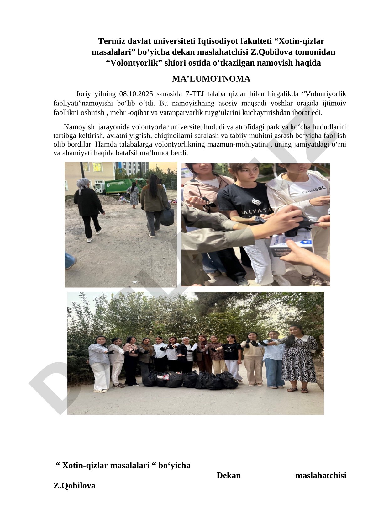Volontyorlik faoliyati namoyishi haqida ma'lumotnoma