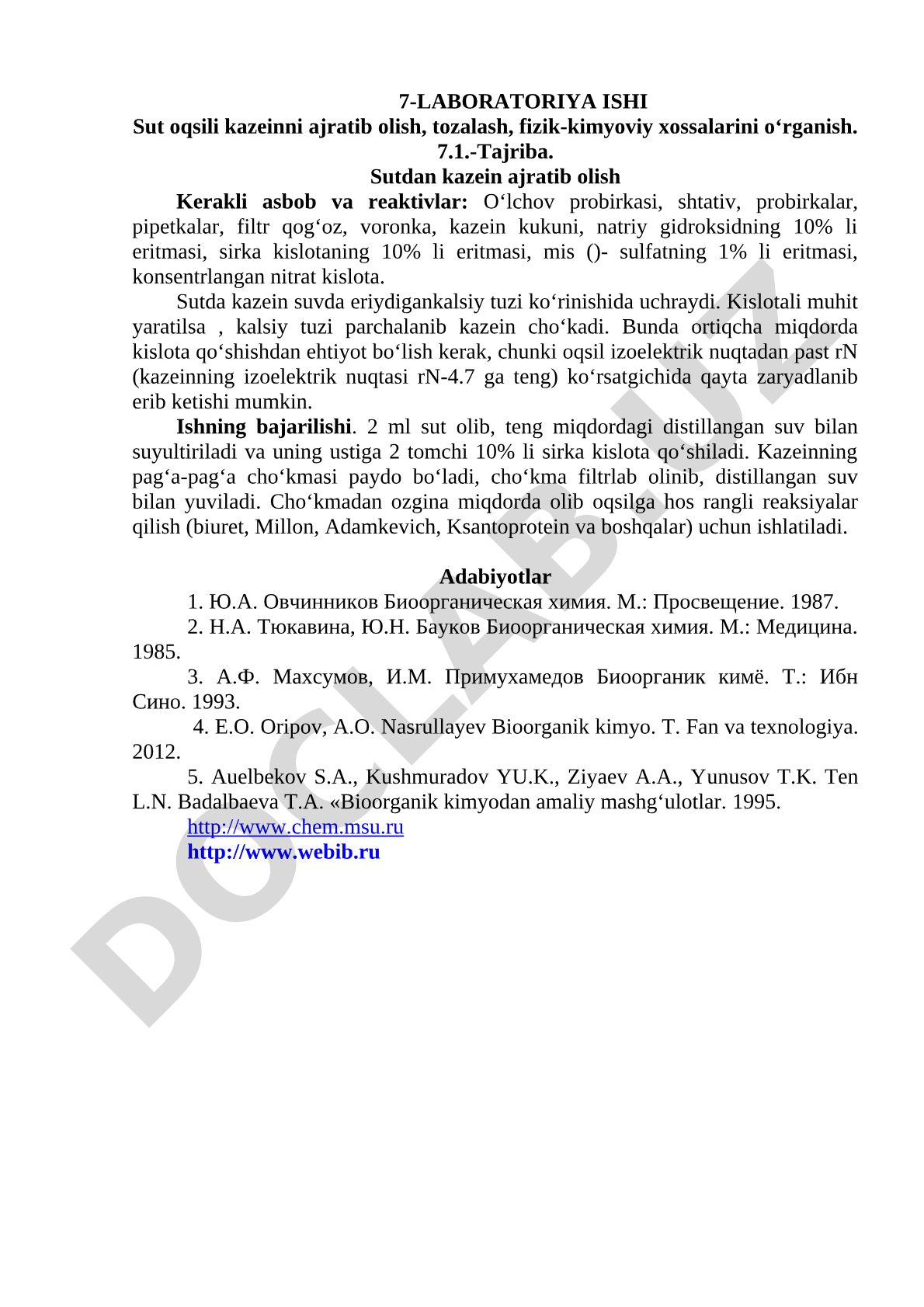 Sut oqsili kazeinni ajratib olish, tozalash, fizik-kimyoviy xossalarini o‘rganish