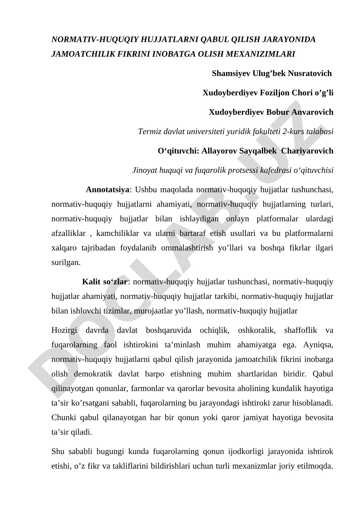 Normativ-huquqiy hujjatlarni qabul qilish jarayonida jamoatchilik fikrini inobatga olish mexanizmlari