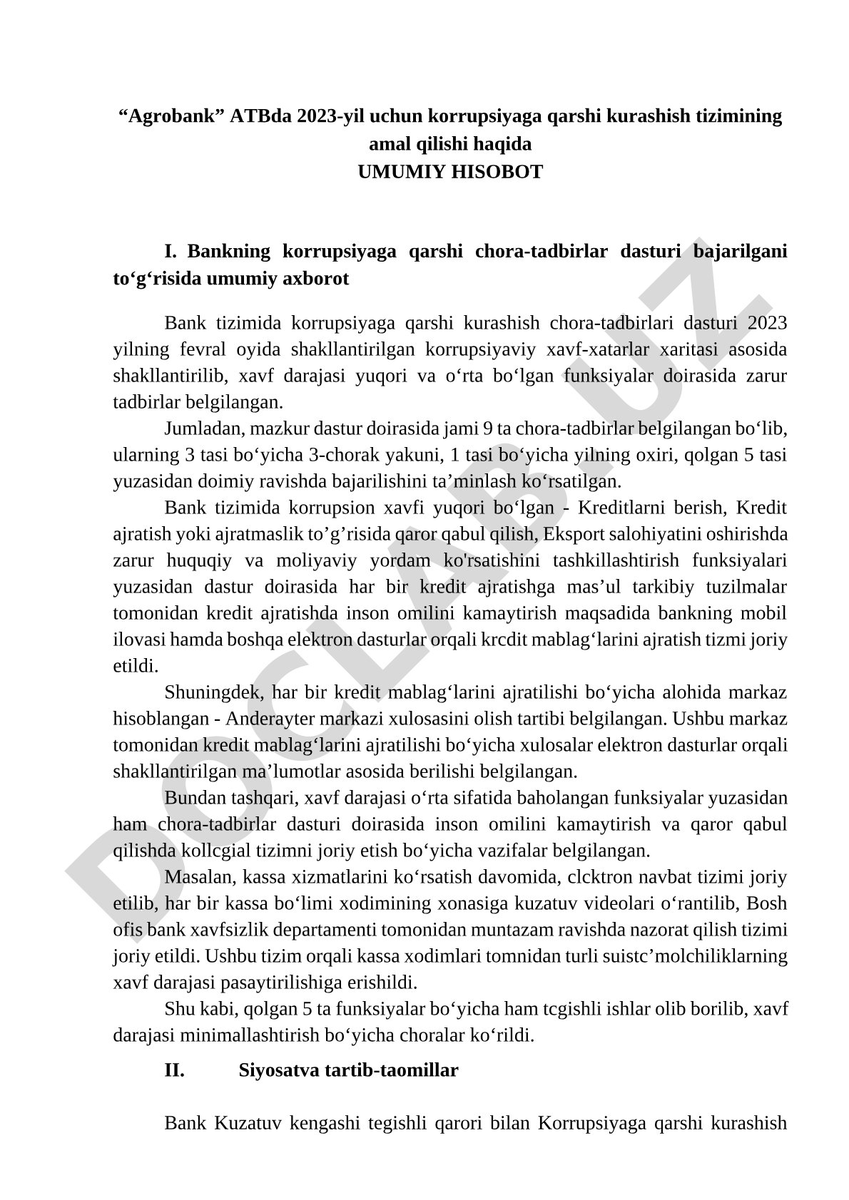 Agrobank ATBda 2023-yil uchun korrupsiyaga qarshi kurashish tizimining amal qilishi haqida umumiy hisobot