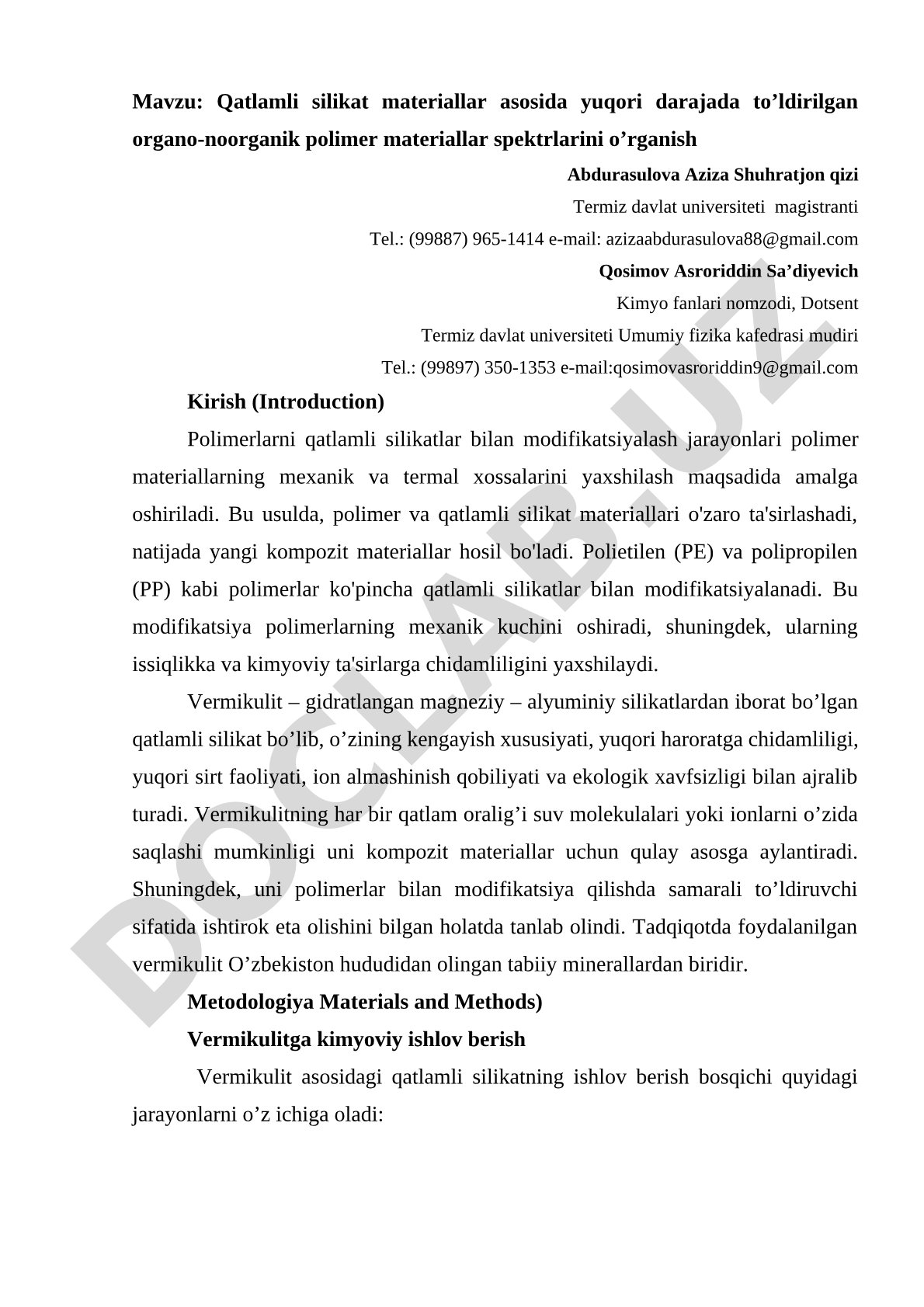 Qatlamli silikat materiallar asosida yuqori darajada to’ldirilgan organo-noorganik polimer materiallar spektrlarini o’rganish
